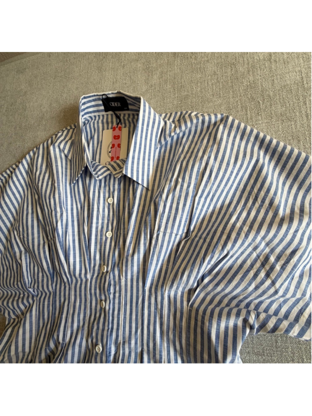 Cider COTTON-BLEND COLLAR STRIPE PLEATED CINCHED WAIST SHIRT blue and white 0X - Picture 4 of 12